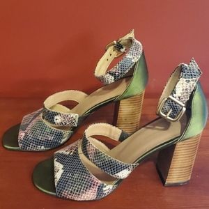 Anthropologie Snake Embossed Olive Satin Heeled Sandal - size 9